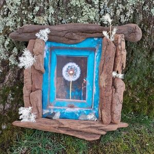 Handmade Driftwood Frame Blue Dandelion Print Wall Art